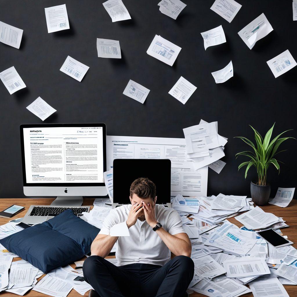 A visually engaging split-screen depicting two worlds: one side with a person overwhelmed by high insurance bills, papers scattered everywhere, and the other side showing a relaxed individual happily comparing various insurance quotes on a sleek laptop, bright and inviting. Include symbols of different insurance types as icons around them, like health, auto, and home. The background should blend soothing colors for calmness and clarity. super-realistic. vibrant colors. minimalistic design.