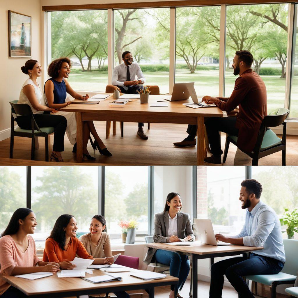 A split image of a diverse group of people happily examining insurance policies at a picnic table filled with colorful brochures and laptops, juxtaposed with a calm, minimalist office scene showcasing an insurance agent offering guidance over a friendly conversation. Emphasize clarity and openness in insurance shopping, conveying trust and approachability. vibrant colors. super-realistic.
