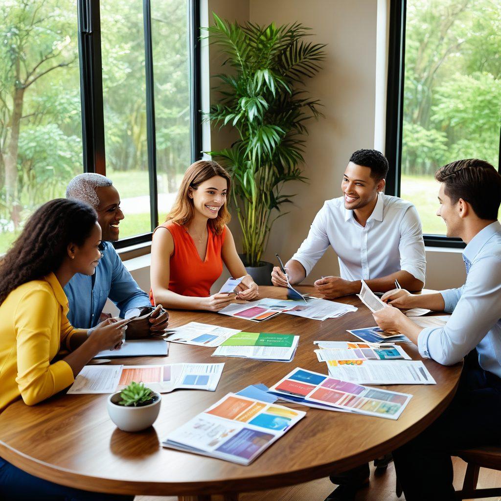 A warm, inviting scene of a diverse group of people gathered around a table, evaluating colorful insurance brochures and discussing options with animated expressions. Include a backdrop of a cozy office filled with plants and light streaming through a window to symbolize clarity and guidance. Ensure a balance of vibrant colors representing different insurance plans. super-realistic. vibrant colors. cozy atmosphere.